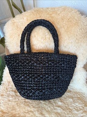 Vintage Black Woven Straw Tote Handbag